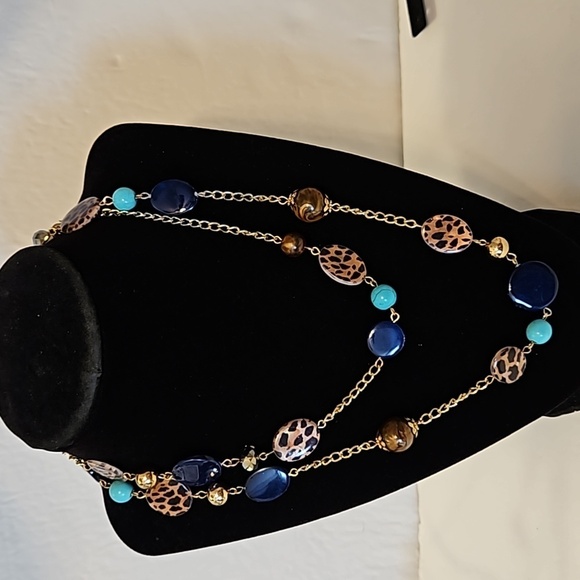 36"L Glass, Lucite, Metal & Stone Beads on Goldtone Chain w/ 3"Ext - Picture 1 of 8